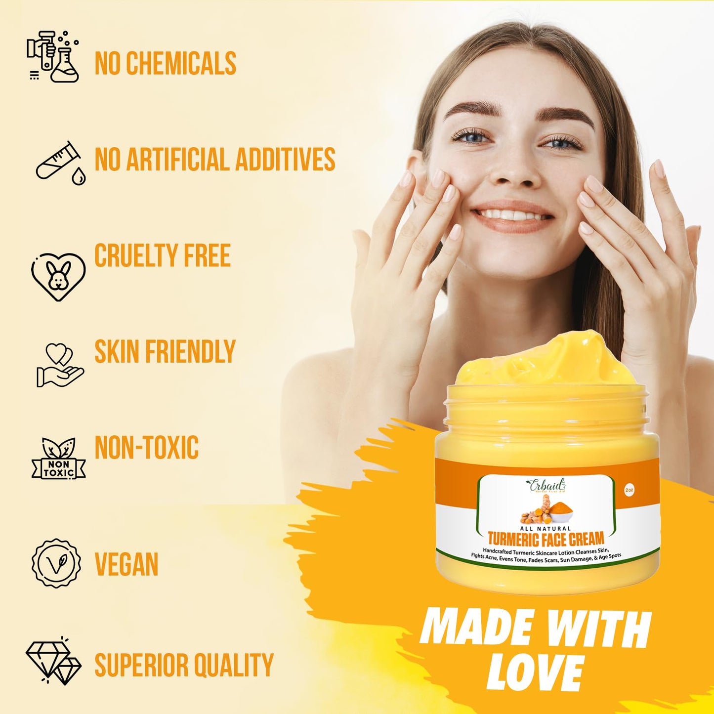 Erbaid Turmeric Face Cream for Face & Body - All Natural Turmeric Skin Brightening Lotion - Turmeric Cleanses Skin, Fights Acne, Evens Tone, Fades