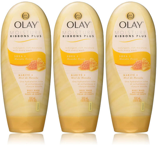 Olay Moisture Ribbons Plus Body Wash - Shea & Manuka Honey - Net Wt. 18 FL OZ (532 mL) Per Bottle - Pack of 3 Bottles