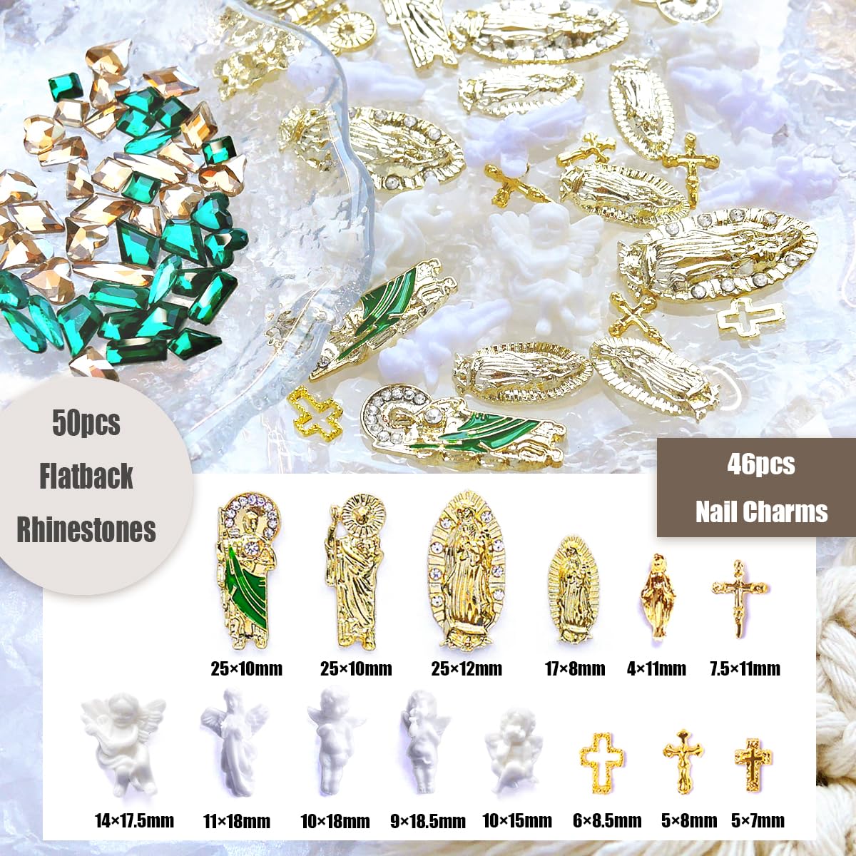 San Judas Virgin Mary Cross 3D Nail Charms Angel Gold Alloy Metal Rhinestones for Acrylic Nail Art Religious Gems Jewels Vintage Manicure Accessories