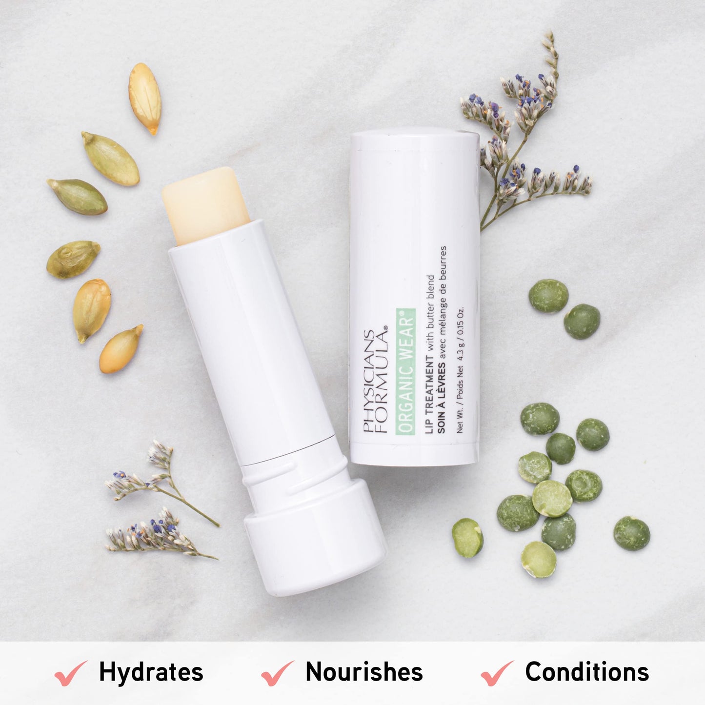 Physicians Formula Organic Wear Lip Balm Treatment, Ultra-Nourishing Shea Butter & Coconut Oil Infused, Hydrating & Conditioning for Smooth, Supple