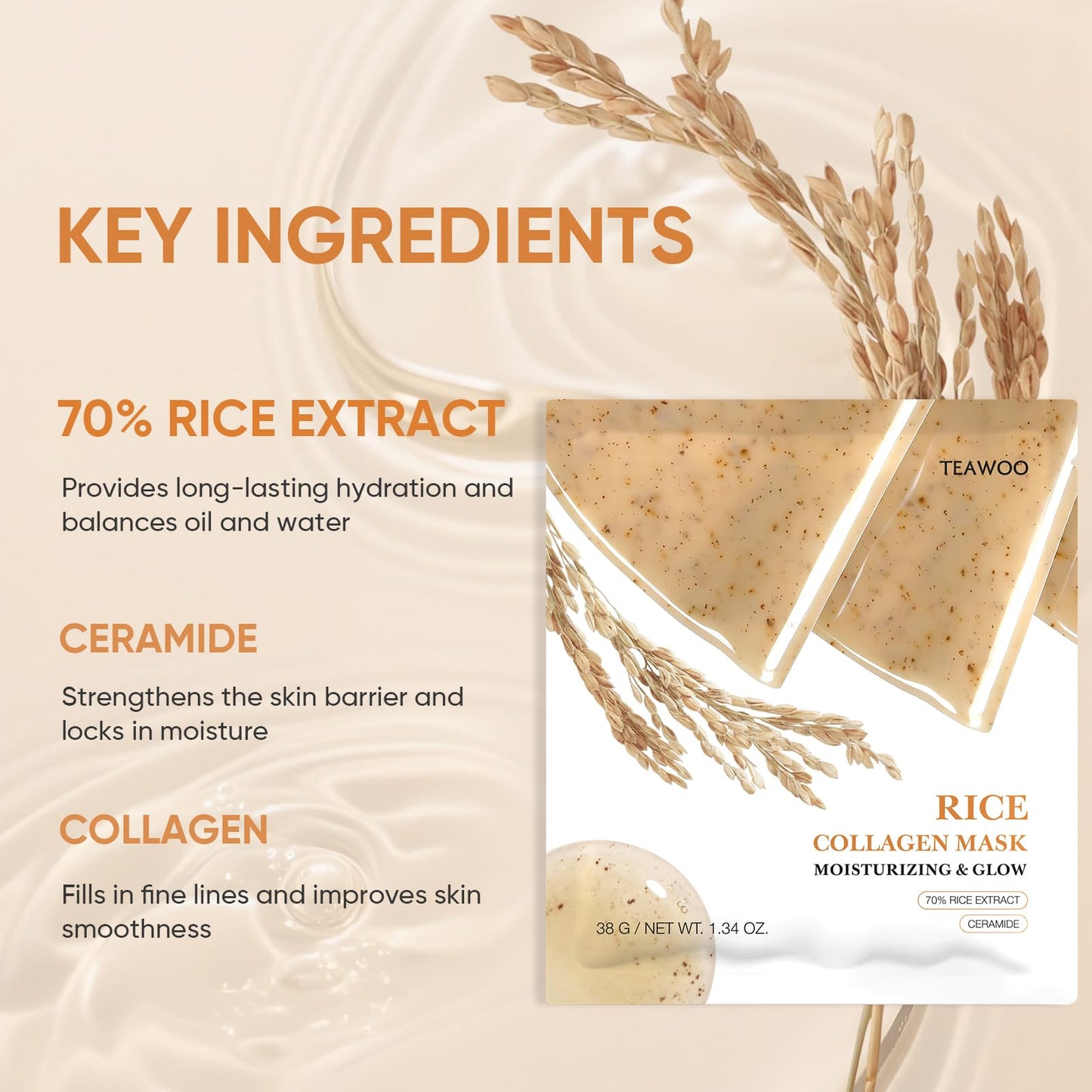 TEAWOO Rice Deep Collagen Face Mask, 38g x 8 EA, Moisturizing and Hydrating Overnight Facial Mask, Contains Ceramide & Collagen for Glass Glow Skin Beauty and Personal Care TEAWOO