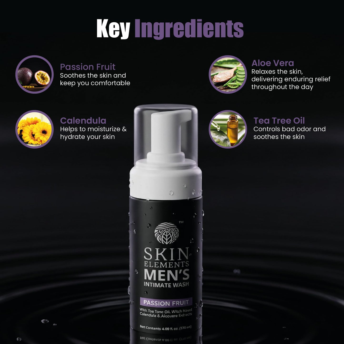 Skin Elements Intimate Wash for Men with Passion Fruit (4.05 Fl Oz) | pH Balanced Foaming Intimate Wash | Prevents Itching, Irritation & Bad Odor |