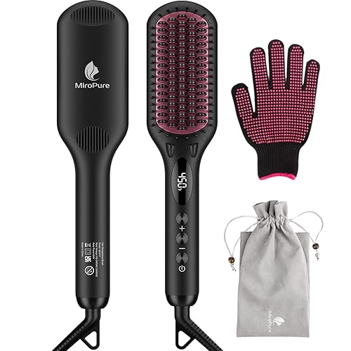 Enhanced Ceramic Hair Straightener Brush by MiroPure, 2-in-1 Ionic Straightening Brush with Anti-Scald Feature, Auto Temperature Lock & Auto-Off