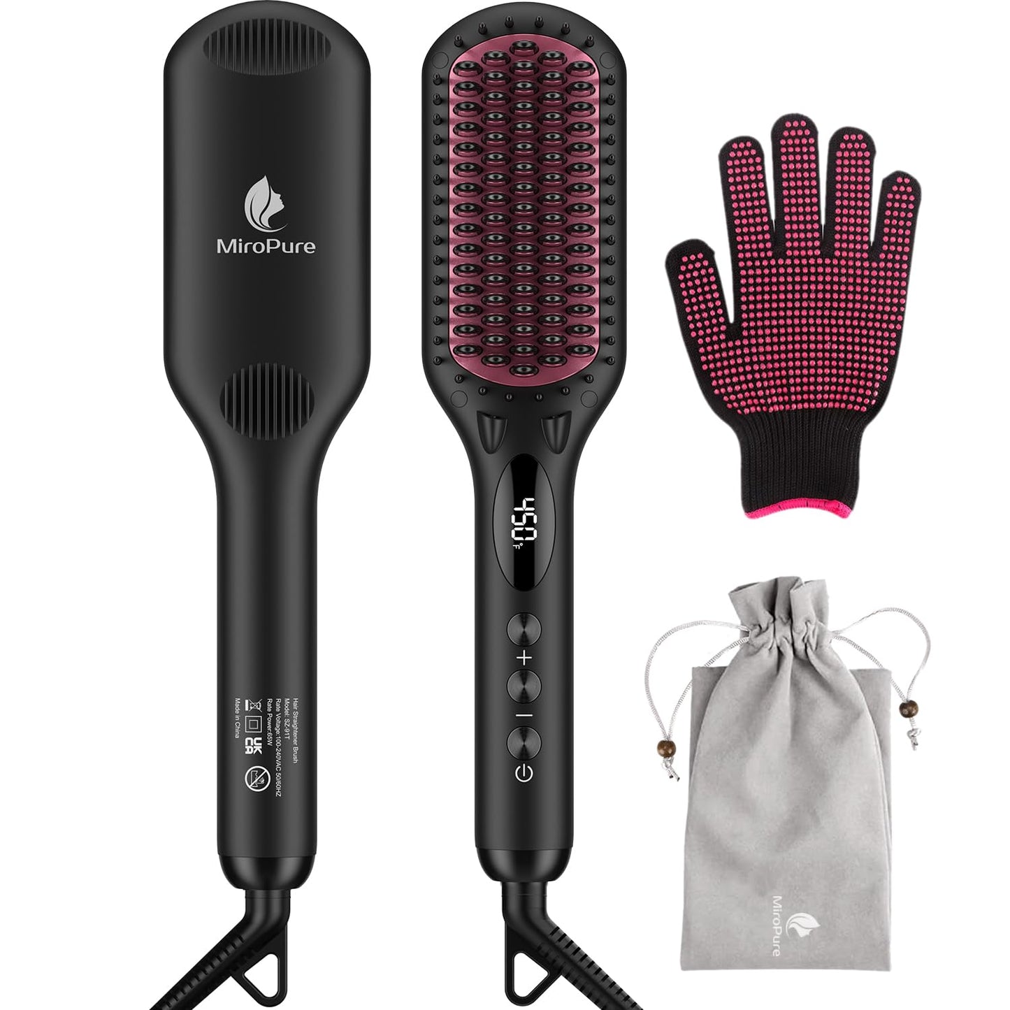 Enhanced Ceramic Hair Straightener Brush by MiroPure, 2-in-1 Ionic Straightening Brush with Anti-Scald Feature, Auto Temperature Lock & Auto-Off