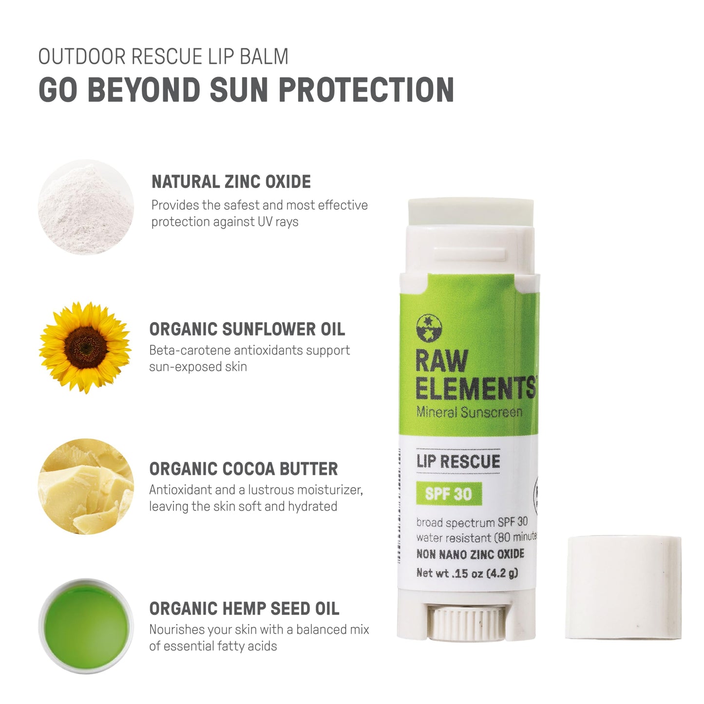 Raw Elements Organic Outdoor Sunscreen Lip Balm Rescue - SPF 30, UVA-UVB Protection, Reef-Safe, Non-Nano Zinc, Water Resistant, 0.15 oz (Pack of 1) Beauty and Personal Care Raw Elements