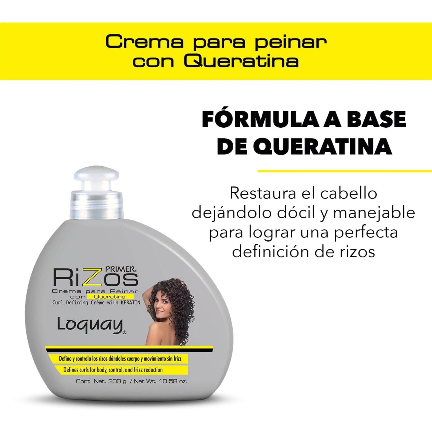 Loquay Primer Rizos Keratin Hair Cream 10.58 oz - Hair Styling Products for Smooth Finish - Crema Para Peinar Con Queratina - Professional Styling