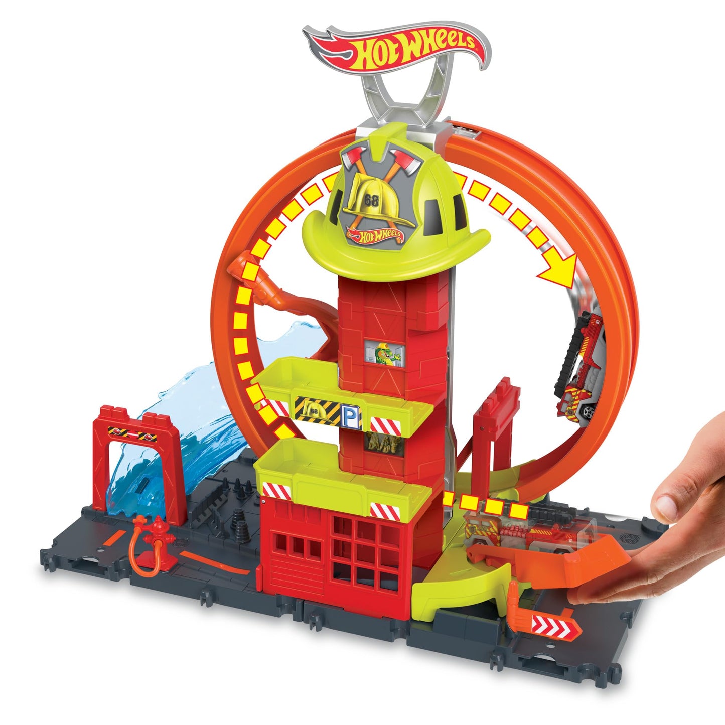 Hot Wheels City with 1 Toy Car, Kid-Powered Elevator, Water-Like Ramp, Track-Play Features, Connects to Other Sets, Fire Station with Super Loop…
