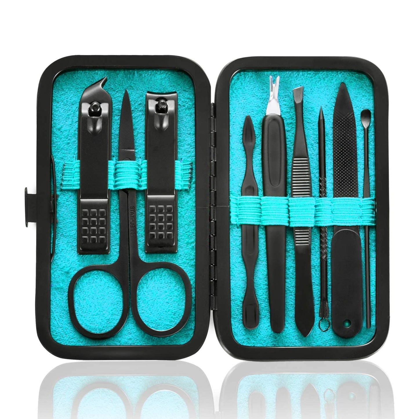 HANTEKAS Manicure Set 9 in 1 Stainless Steel, Nail Clippers Scissors Pedicure Tools Kit - Portable Travel Grooming Kit for Men and Women