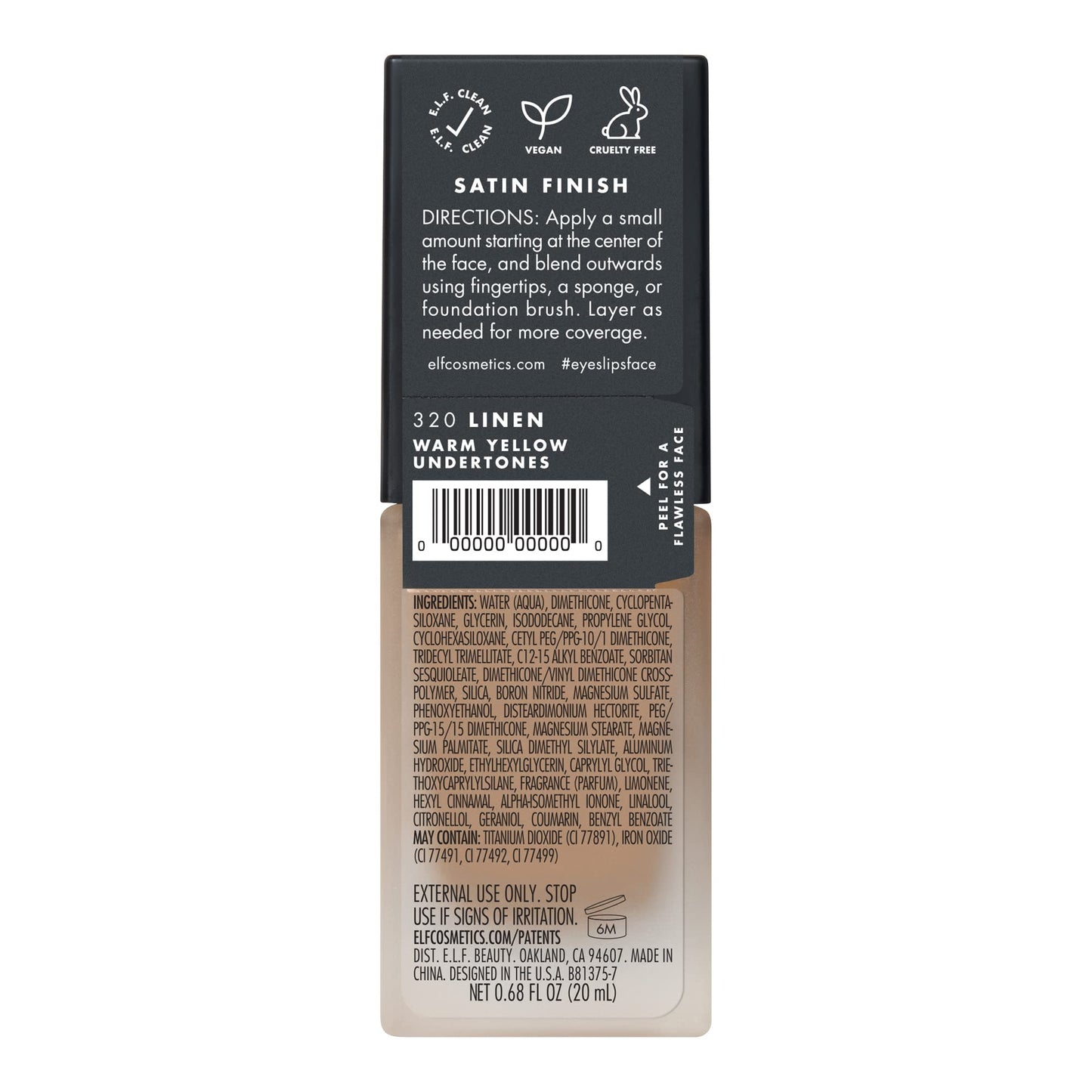 e.l.f. Flawless Satin Foundation, Lightweight & Medium Coverage, Semi-Matte Finish, Vegan & Cruelty-Free, Linen, 0.68 Fl Oz (20mL)