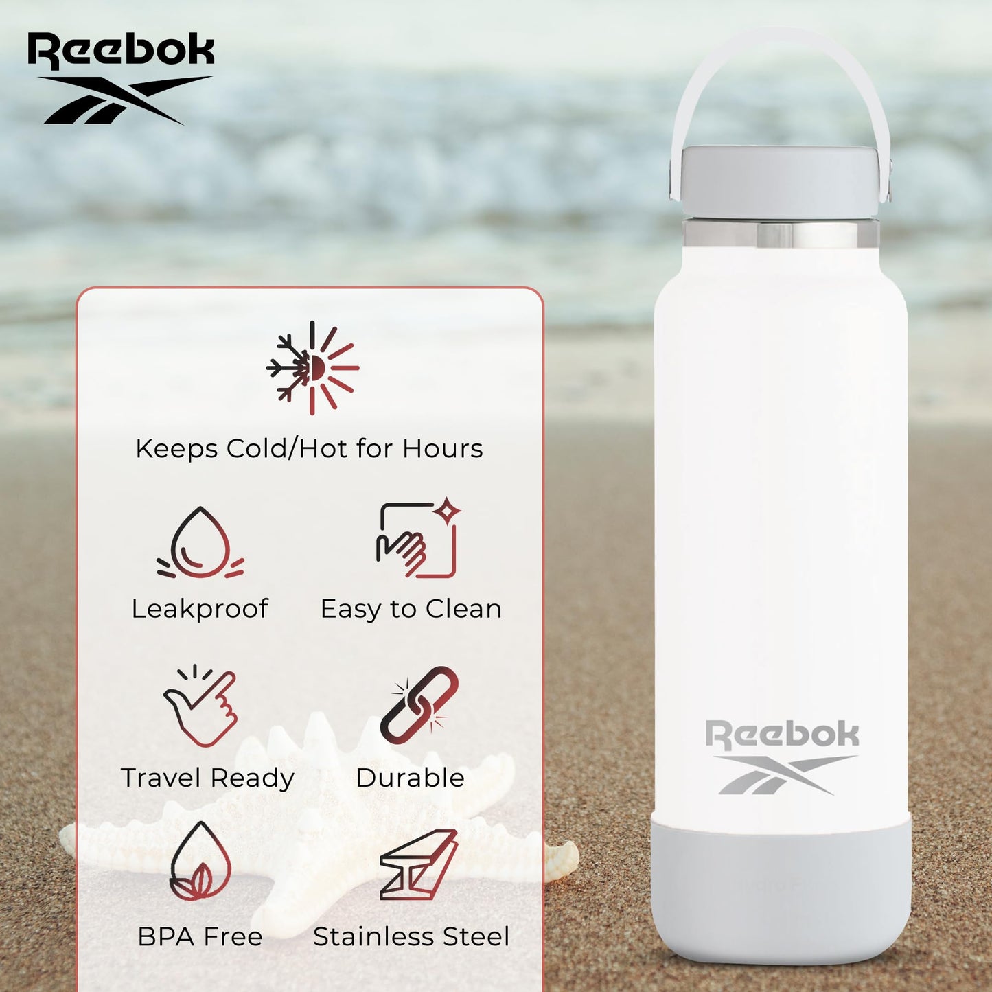 Reebok Stainless Steel Wide Mouth Water Bottle With Flex Cap For Outdoor - 32 oz - Double Wall Vacuum Insulated Sports Water Bottle With Silicone…