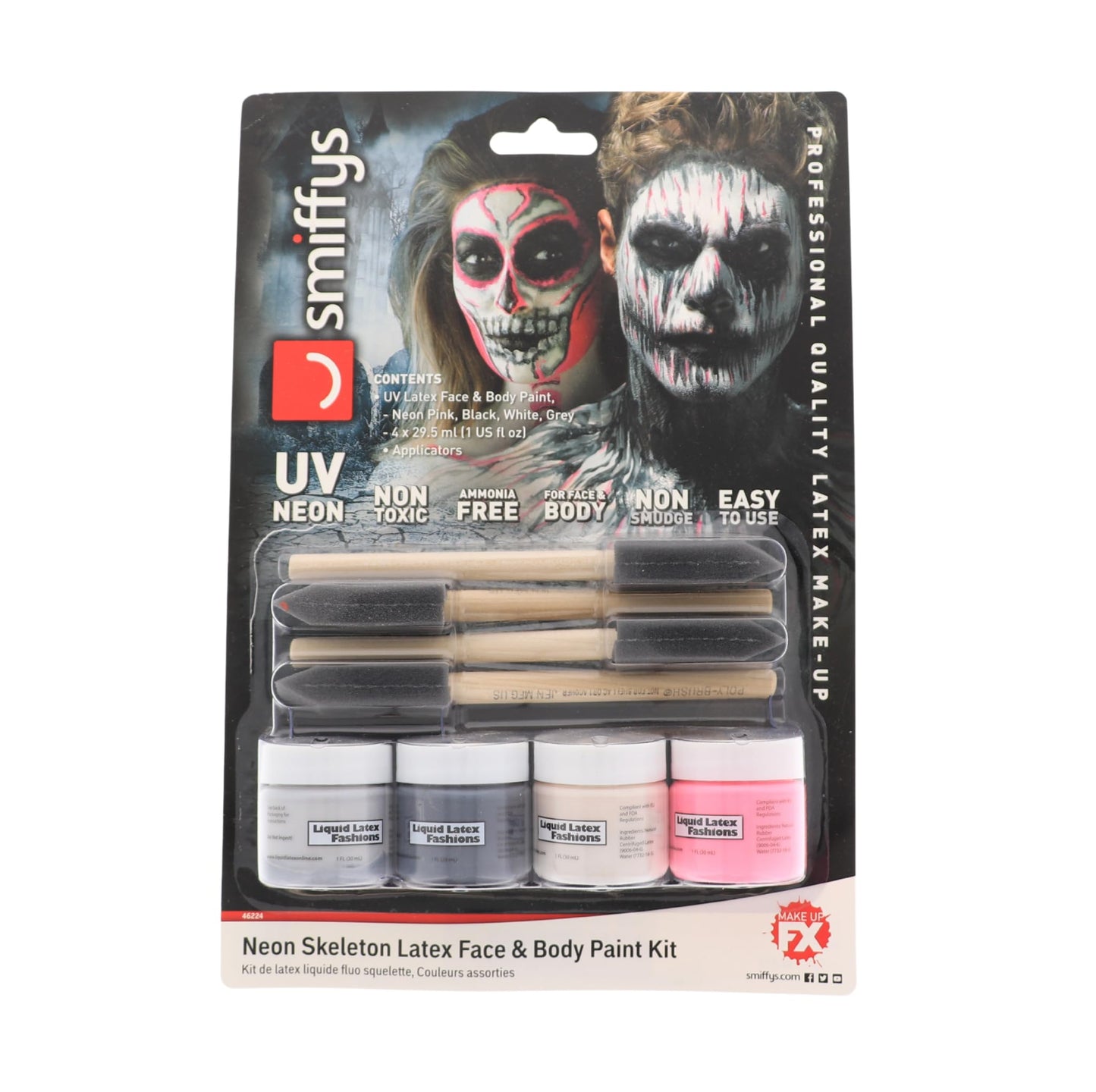 Neon Skeleton Liquid Latex Face and Body Paint Kit- 4-Pack 1 Ounce, 4 Brush-Set, Blacklight, Special Effects, Art, Theater, Parties, Cosplays