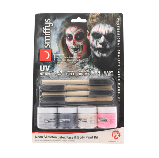 Neon Skeleton Liquid Latex Face and Body Paint Kit- 4-Pack 1 Ounce, 4 Brush-Set, Blacklight, Special Effects, Art, Theater, Parties, Cosplays