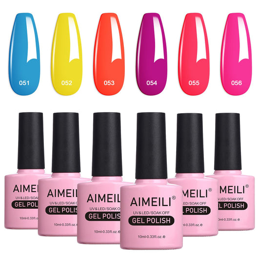 AIMEILI Hot Pink Neon Gel Nail Polish, Hema Free, Cruelty Free, Vegan, Soak Off Summer Yellow Nail Lacquer Set Of 6pcs X 10ml - Kit Set 11