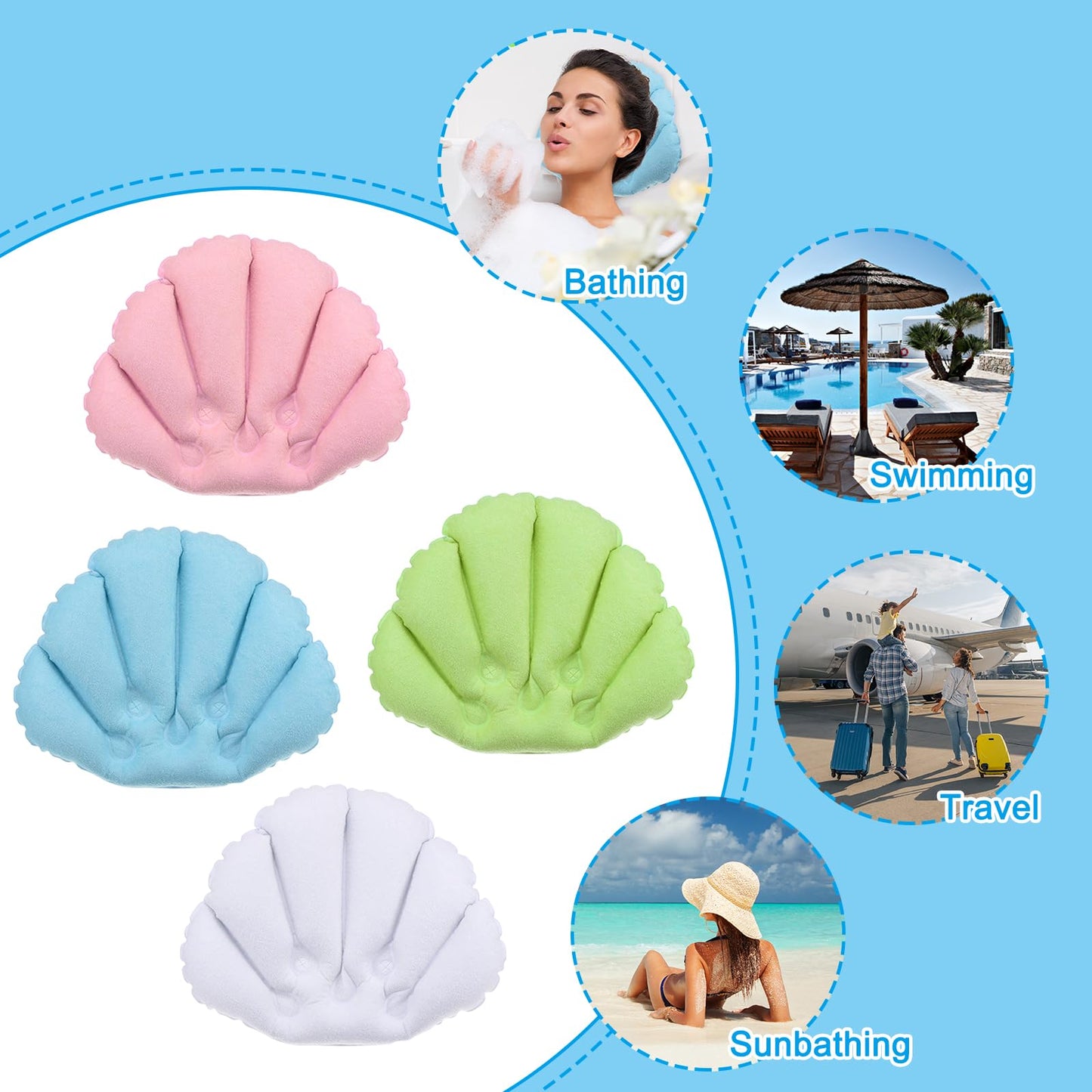 PATIKIL Inflatable Bath Pillow with Suction Cups, 2 Pack Terry Cloth Covered Shell Shape Soft Bath Spa Cushion Neck Support for Bathtub Hot Tub (Blue Beauty and Personal Care PATIKIL