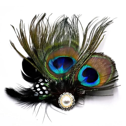Aliotech Butterfly Peacock Feather Hair Clip with Artificial Pearl Rhinestones, 13.2*8cm - Bridal, Wedding & Party Hair Accessory