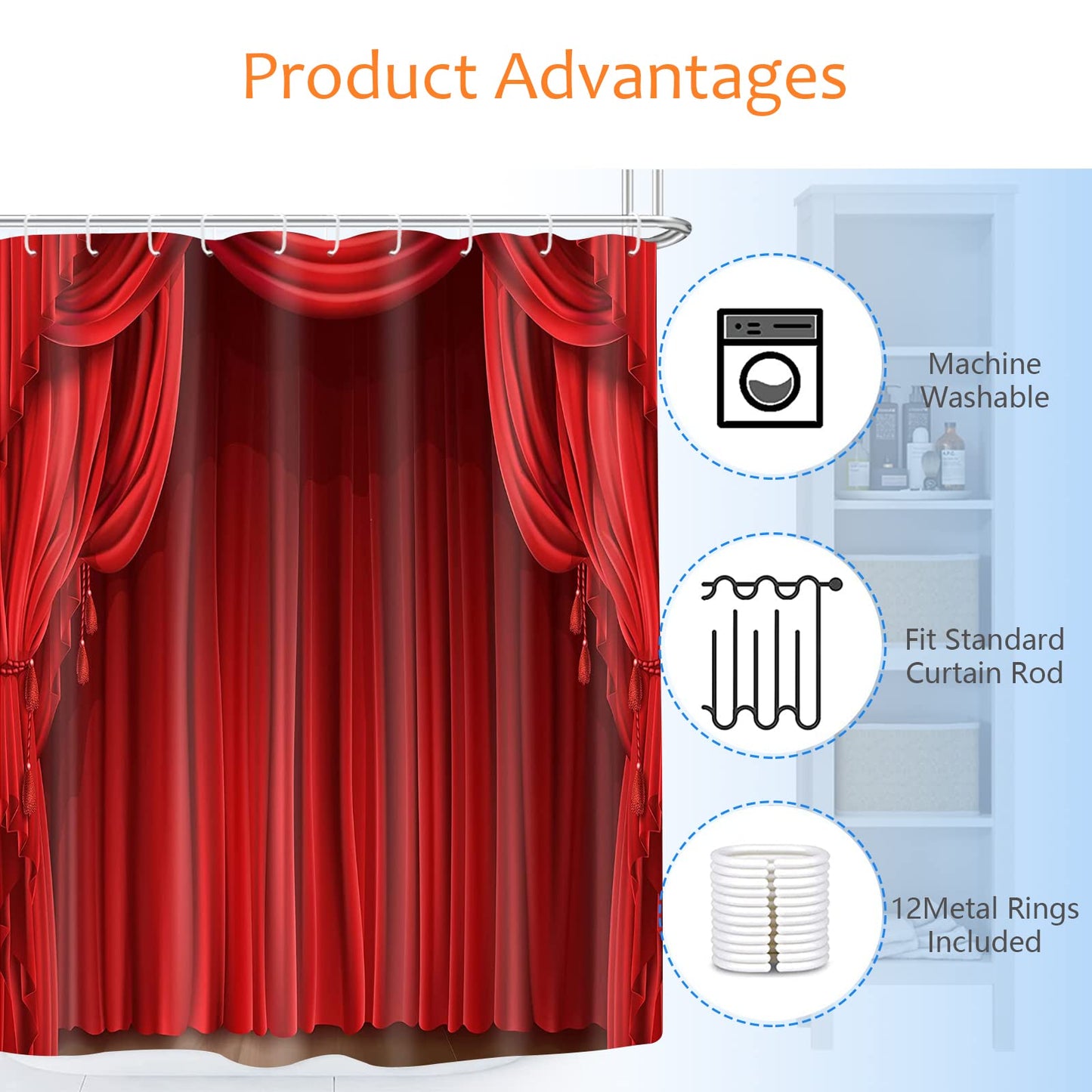 GETTOGET Theatre Shower Curtain, Show Stage Curtains Red Curtains Classic Antique Background, Waterproof Polyester Curtain Festival Gift, 72x72 in