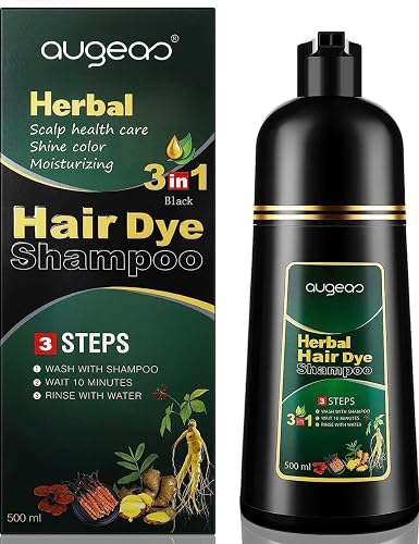 AUGEAS 500ML Black Permanent Hair Color Shampoo, 3 IN 1 Organic Herbal Fast Coloring Shampoo for Men and Women to Cover Grey/White Hair (BLACK)