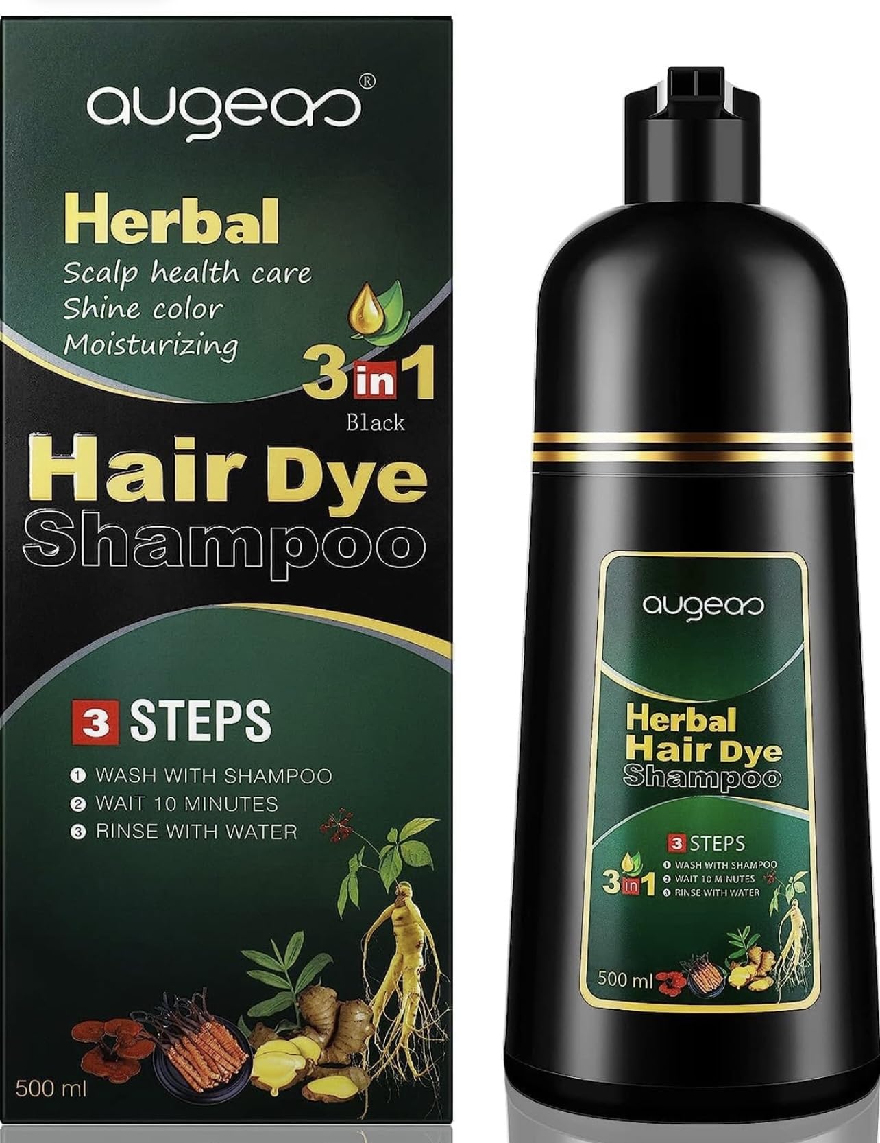 AUGEAS 500ML Black Permanent Hair Color Shampoo, 3 IN 1 Organic Herbal Fast Coloring Shampoo for Men and Women to Cover Grey/White Hair (BLACK)