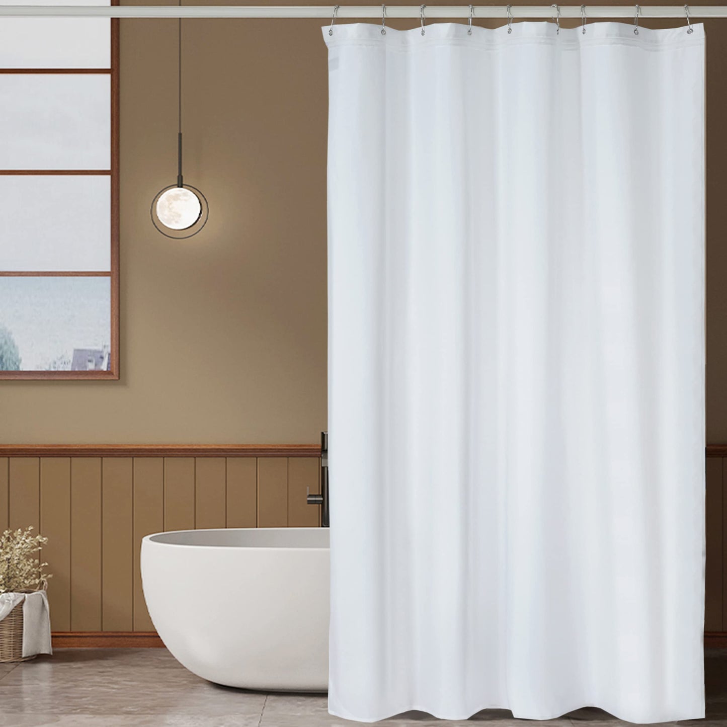 FRESH IDEAS Shower Curtain Liner with Shower Clips, Easy On/Off Liner with Zipper, Waterproof, White, Standard Size, 72 inches x 72 inches