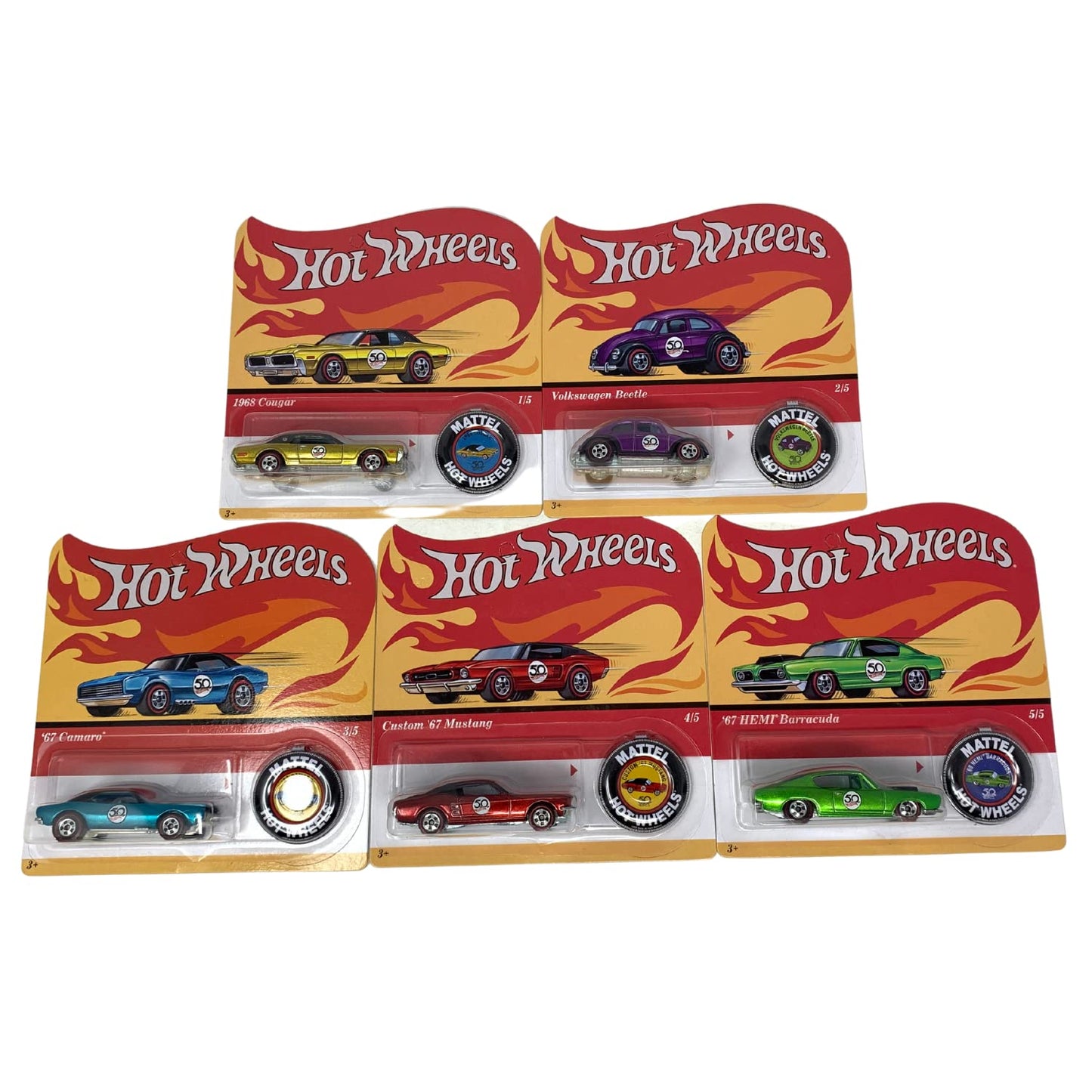 Hot Wheels 2018 50th Anniversary Redline Complete Set of 5 Diecast Vehicles with Collector Buttons