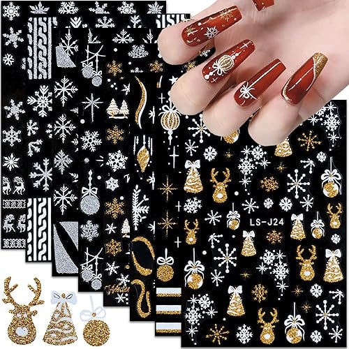 Christmas Nail Art Stickers, Snowflake Nail Decals 3D Self-Adhesive Gold Silver White Snowflake Elk Bell Xmas Tree Winter Nail Design DIY Christmas