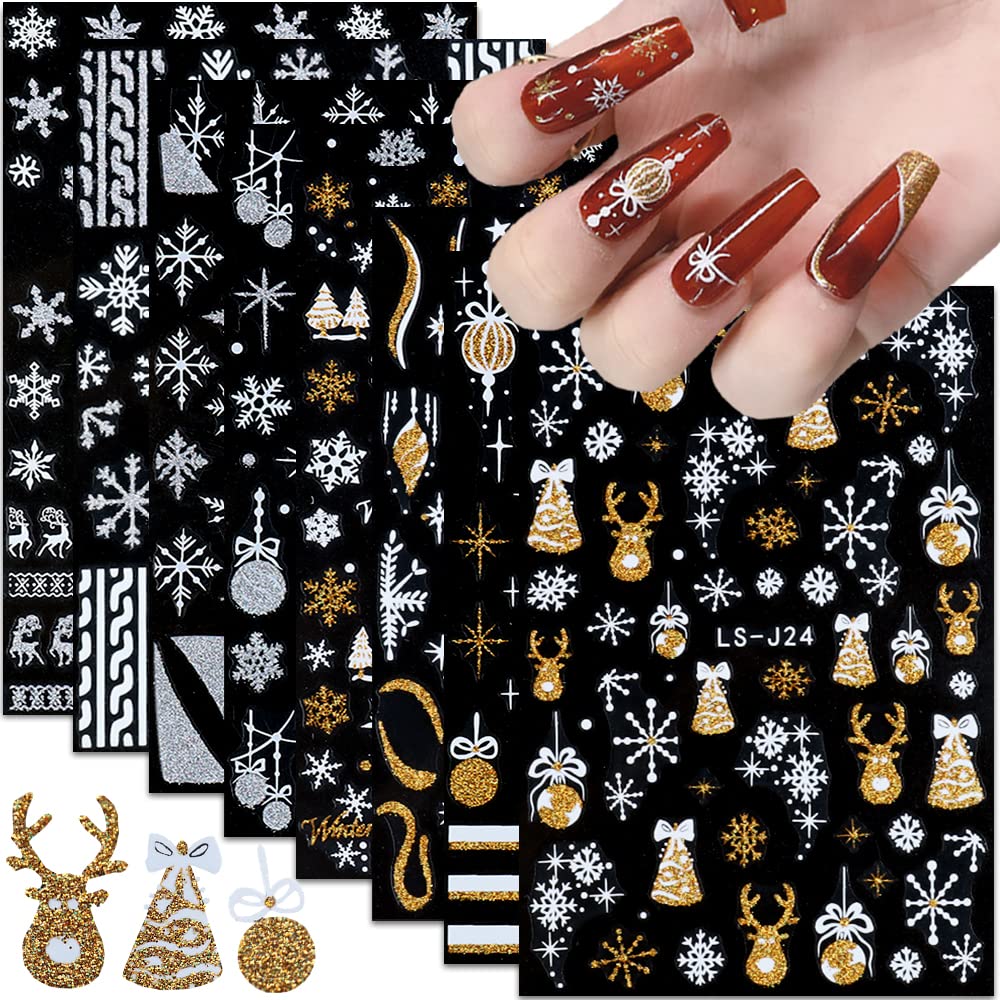 Christmas Nail Art Stickers, Snowflake Nail Decals 3D Self-Adhesive Gold Silver White Snowflake Elk Bell Xmas Tree Winter Nail Design DIY Christmas