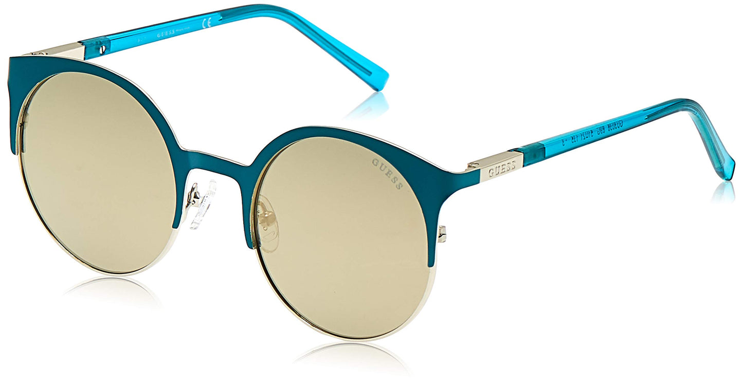 GUESS Women's Gu3036 GU3036 Round Sunglasses, turquoise & brown mirror, 51 mm