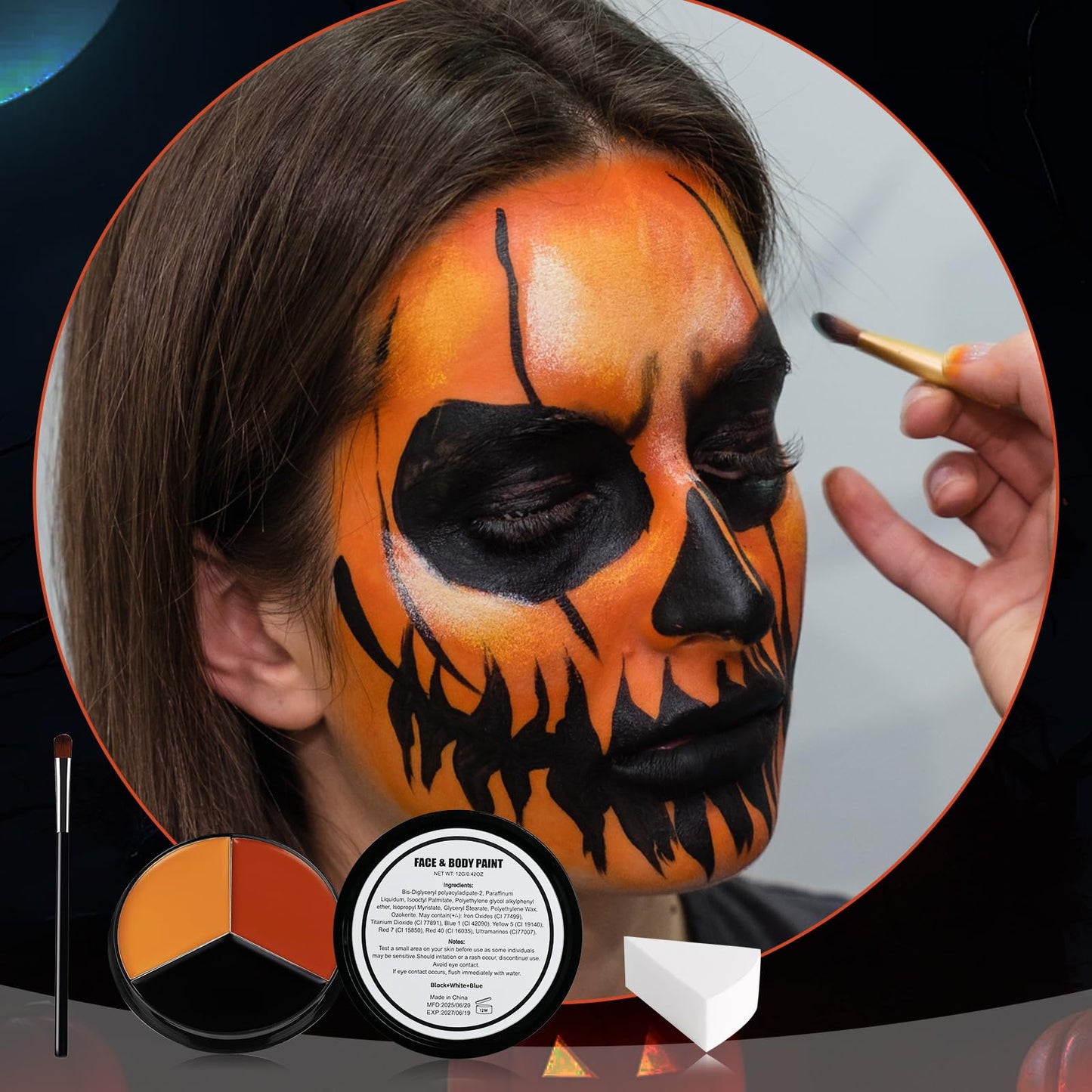VPCRT6 Black Red Orange Face Body Paint, with 3PCS Sponge and 1PC Brush, Face Painting Kit with Applicator for Halloween Makeup, Pumpkin Cosplay