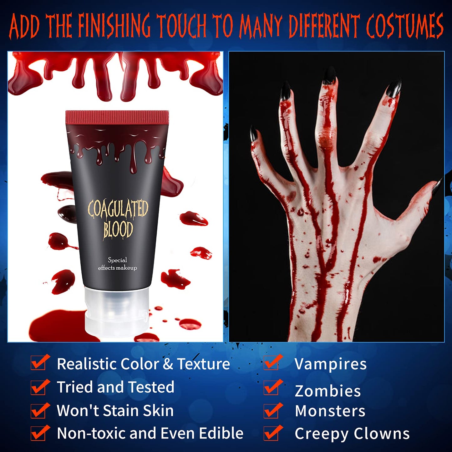 DE'LANCI Edible Fake Blood Gel, Realistic Sfx Fake Blood Makeup Kit, Washable fake blood for Clothes Mouth Eyes, Special Effects Makeup Kit