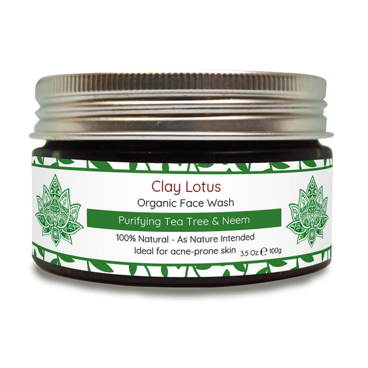Clay Lotus Organic Face Wash - Acne-Prone, Oily Skin Cleanser with Tea Tree Oil & Neem. All-Natural Ingredients for Blemishes, Redness & Blackheads