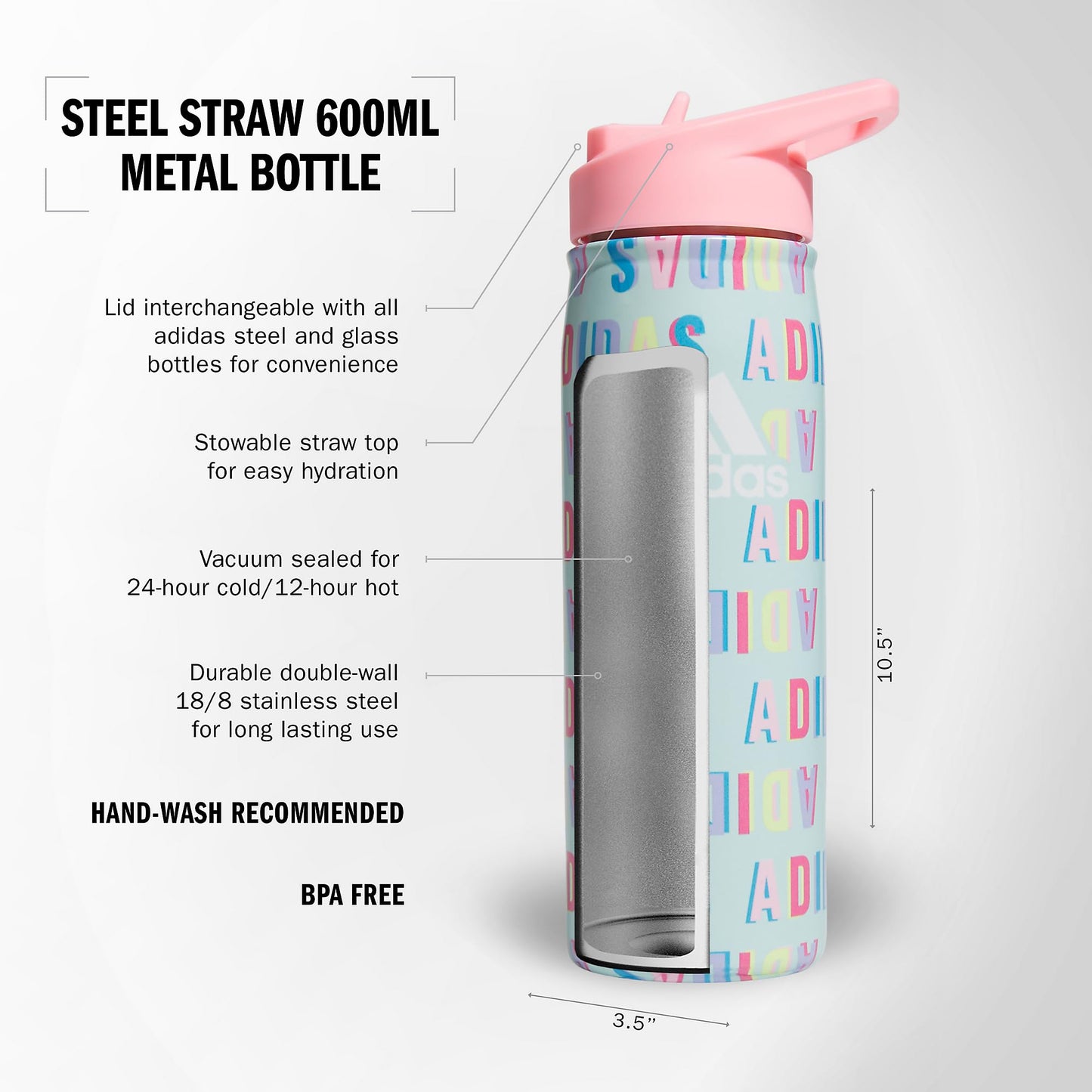 600 ML (20 oz) Straw Top Metal Water Bottle, Hot/Cold Double-Walled Insulated 18/8 Stainless Steel