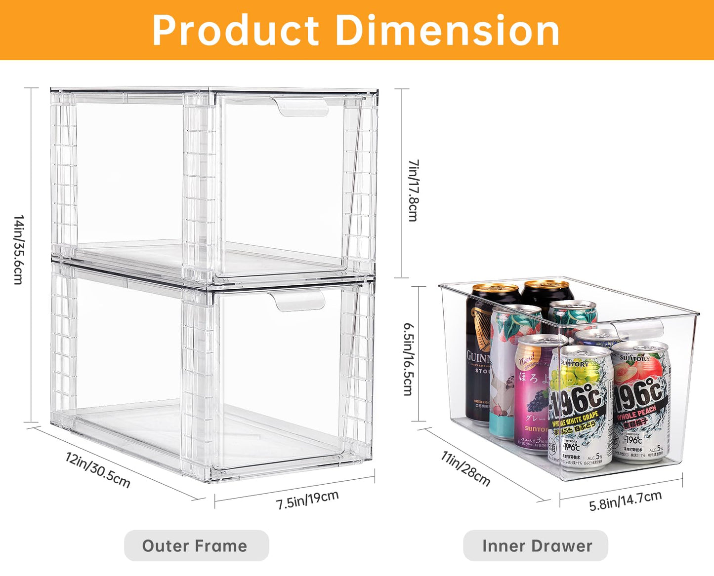 Zero Zoo 4Pack Large Stackable Kitchen Storage Drawers, Clear Foods Organizer Bins with Handles, Easily Assemble for Bathroom, Kitchen, Pantry…