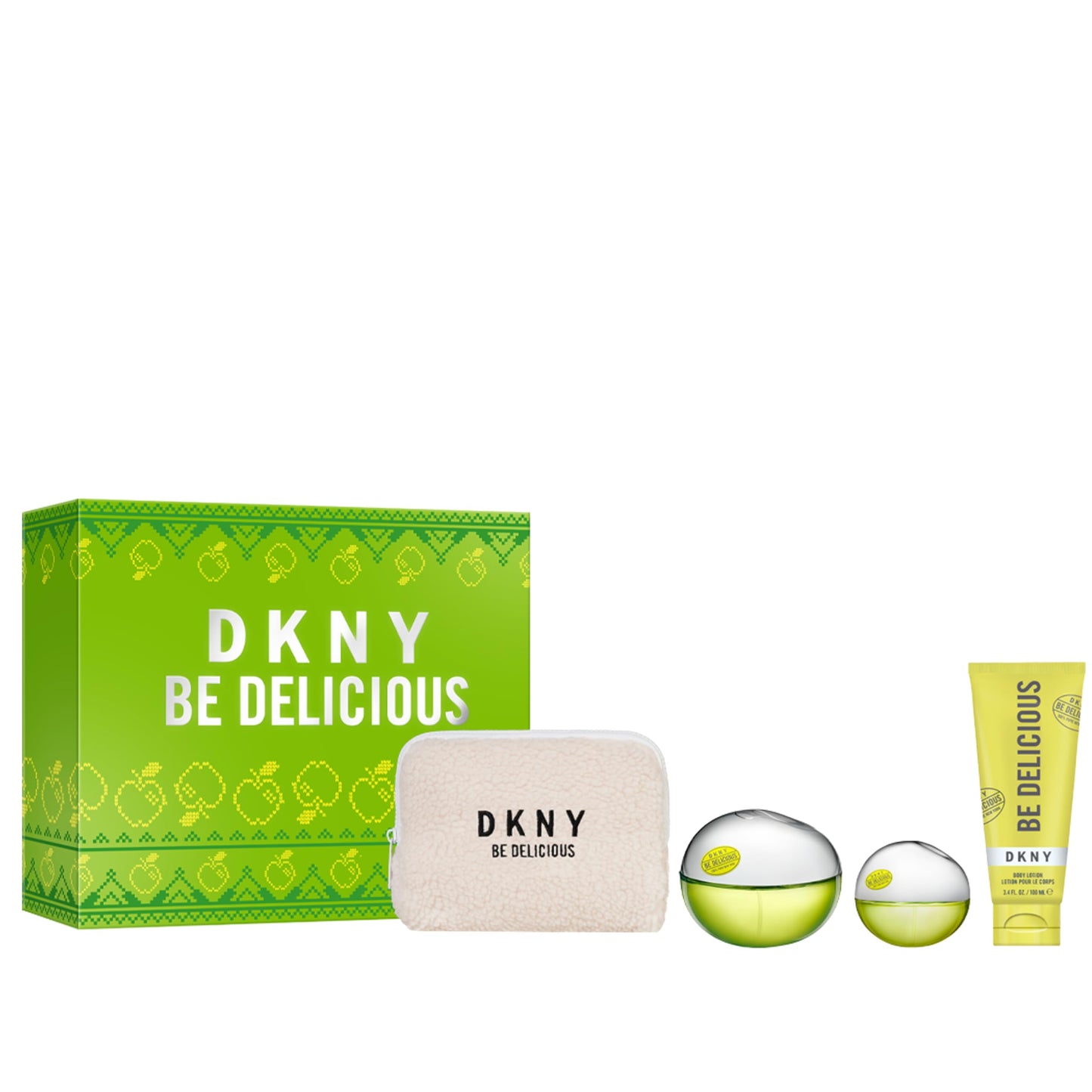 DKNY Be Delicious by Donna Karan for Women - 4 Pc Gift Set 3.4oz EDP Spray, 0.5oz EDP Spray, 3.4oz Body Lotion, Pouch
