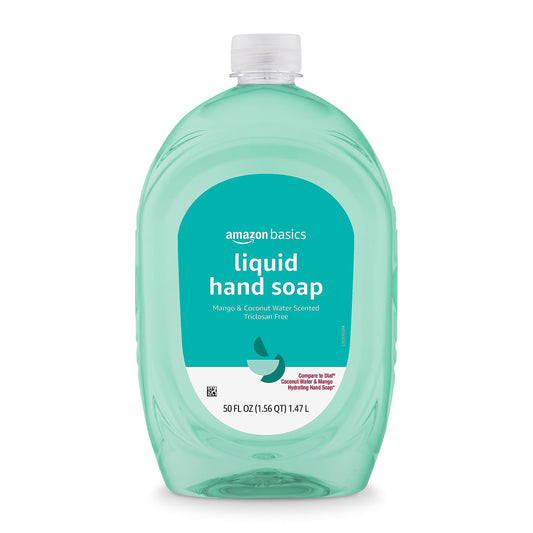 Amazon Basics Liquid Hand Soap Refill, Mango and Coconut Water Scent, Triclosan-Free, Dermatologist Tested, pH Balanced, Paraben-Free, 50 Fl Oz (Pack