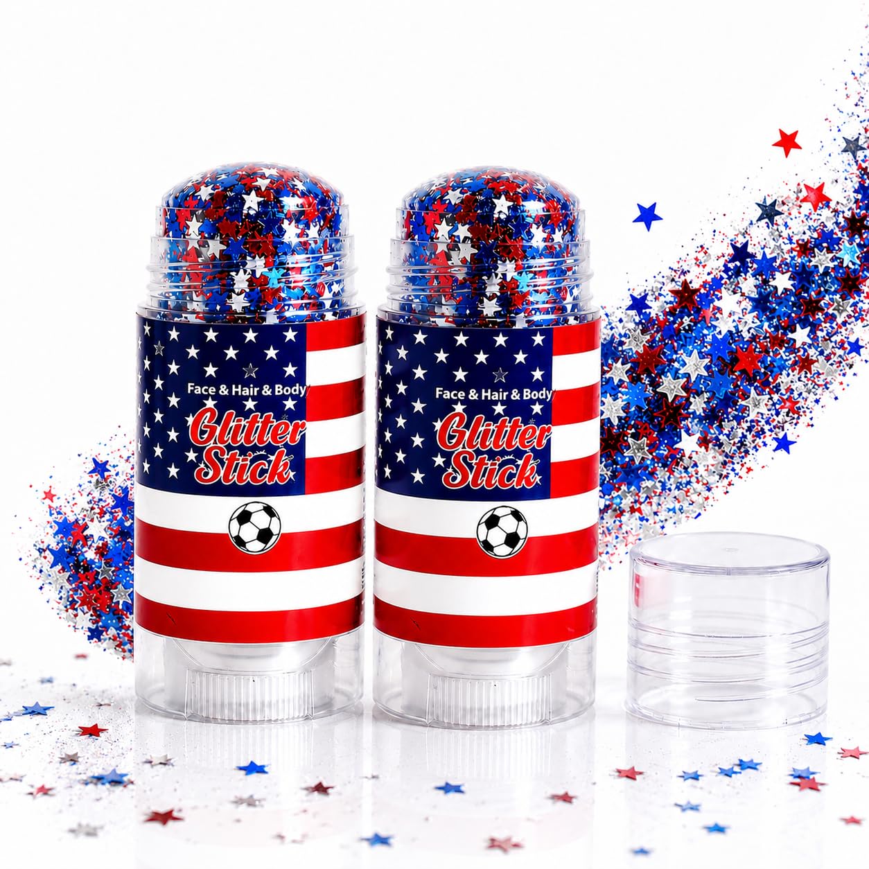 Patriotic Glitter Stick for Face Hair & Body, Red White Blue Star Glitter Makeup, 4th of July Accessories for Women, Football Game Day Face Glitter