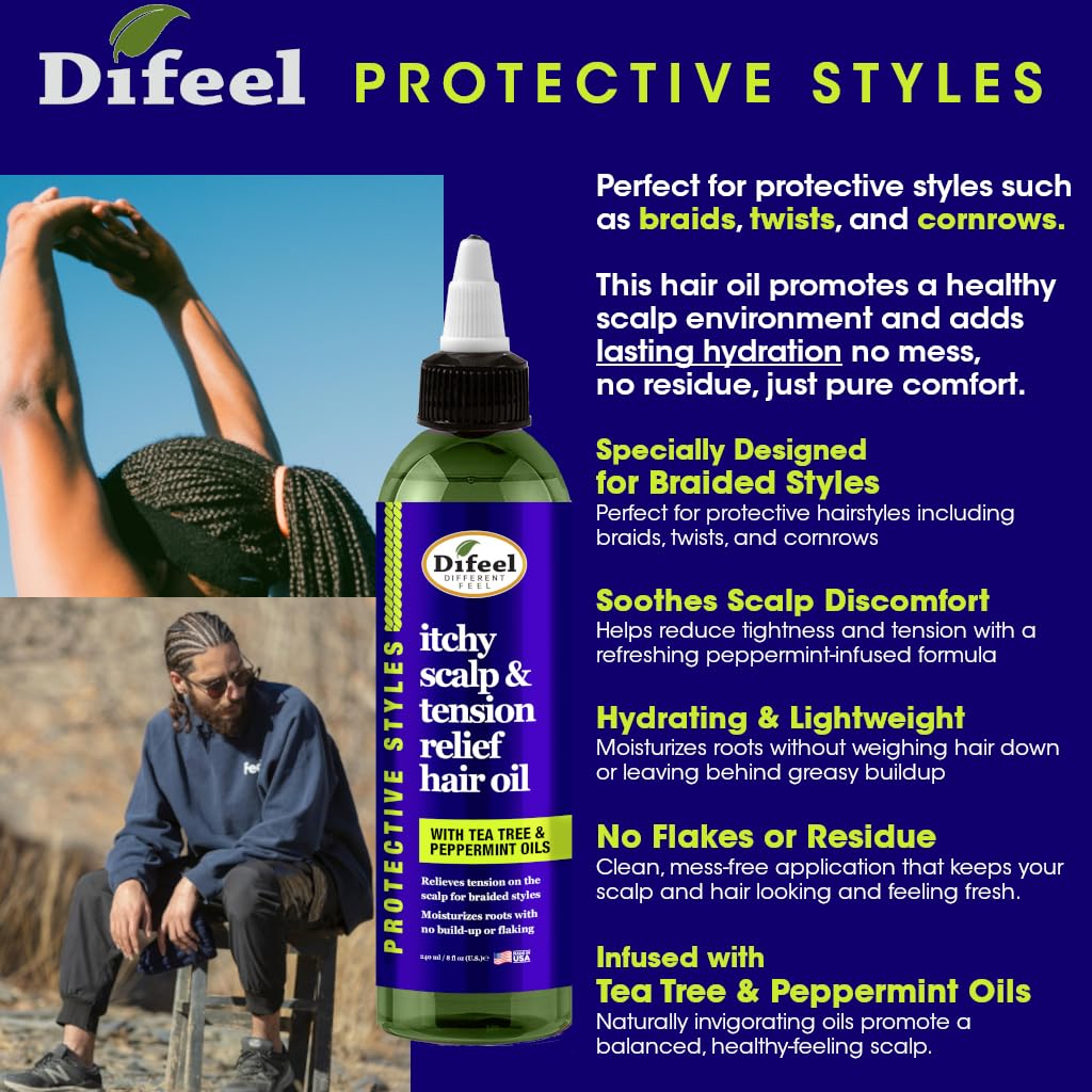 Difeel Itchy Scalp & Tension Relief Hair Oil with Tea Tree & Peppermint Oils for Braided Styles 8 oz.
