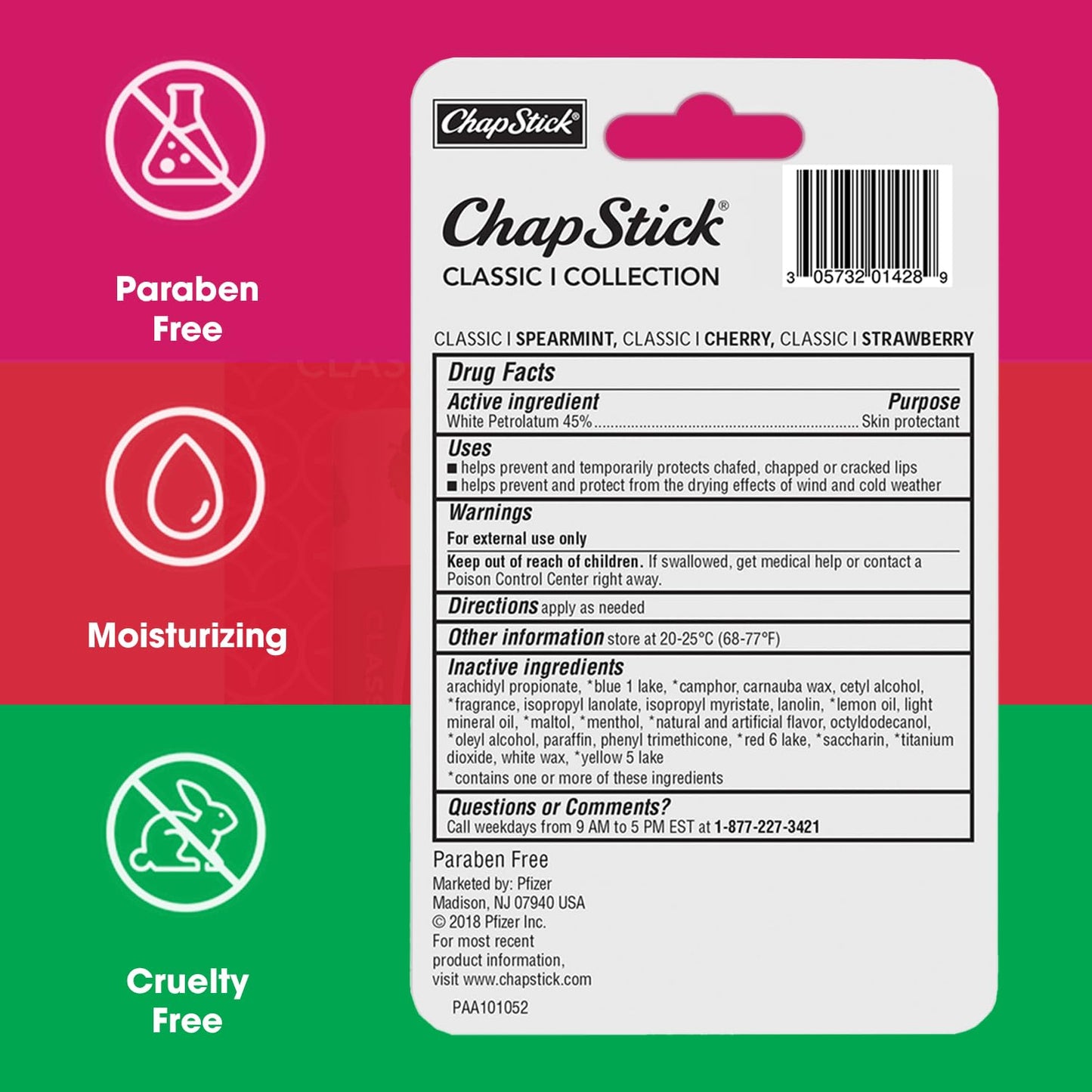 ChapStick Lip Care Set, Classic Collection 3-Pack - Spearmint, Cherry, and Strawberry Lip Balm, 0.15 Oz Ea