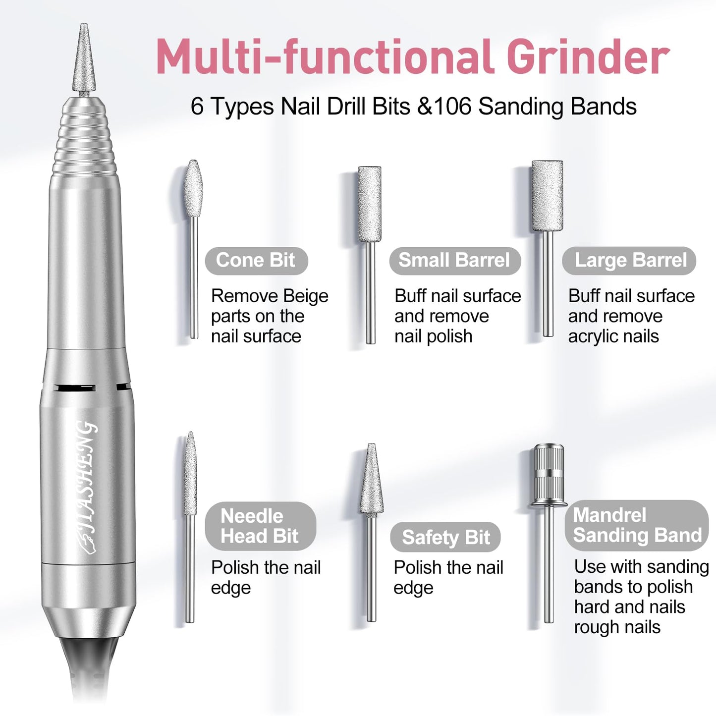 Jiasheng Professional Nail Drill, 20000rpm Electric Nail Drill Machine, Electronic Nail File Drills for Acrylic Nails Gel Nails Manicure Pedicure
