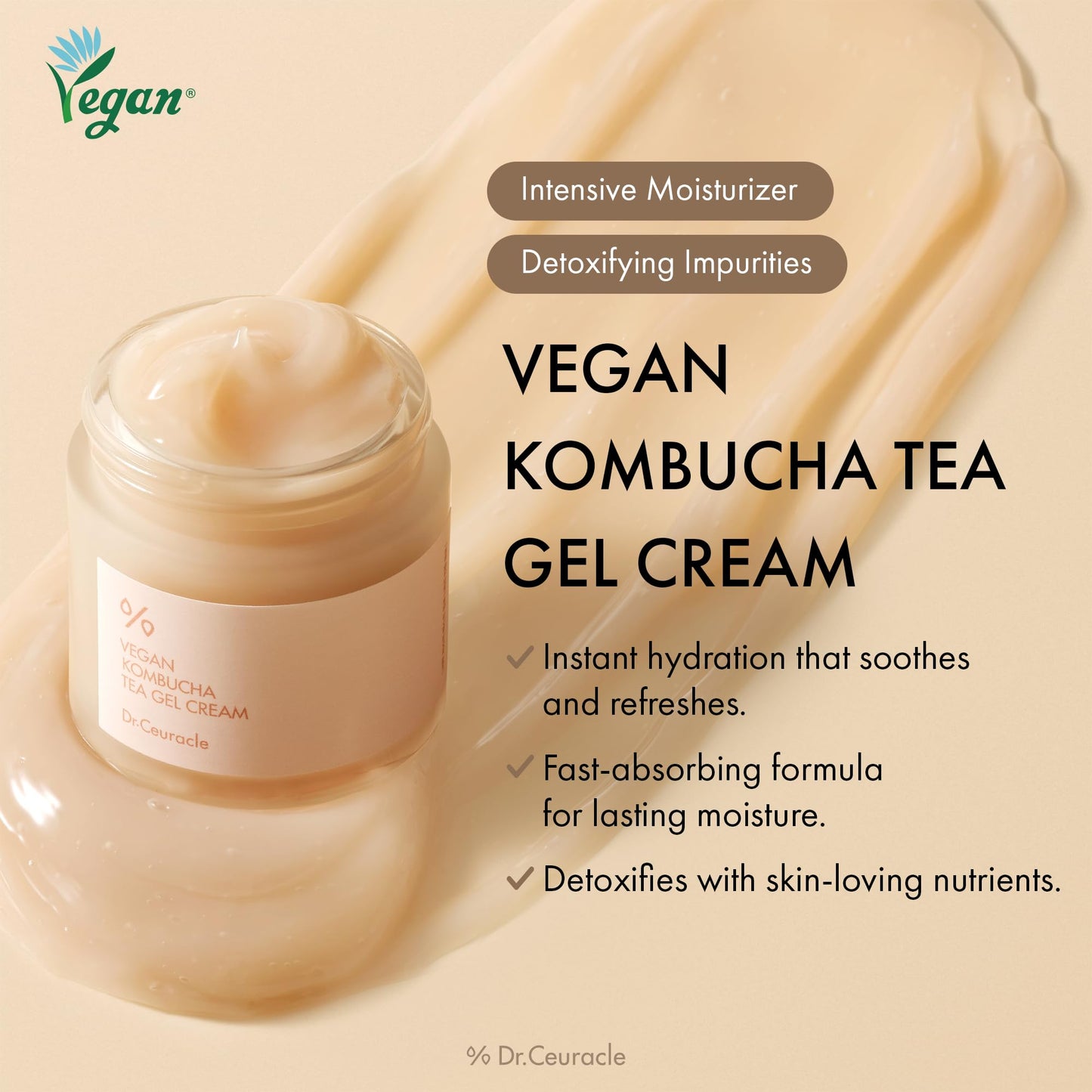 Dr.Ceuracle Vegan Kombucha Tea Gel Cream - Lightweight Watery Hydrating Moisturizer with Kombucha Tea Extract, Sunflower Seed Oil, Korean Skincare (75