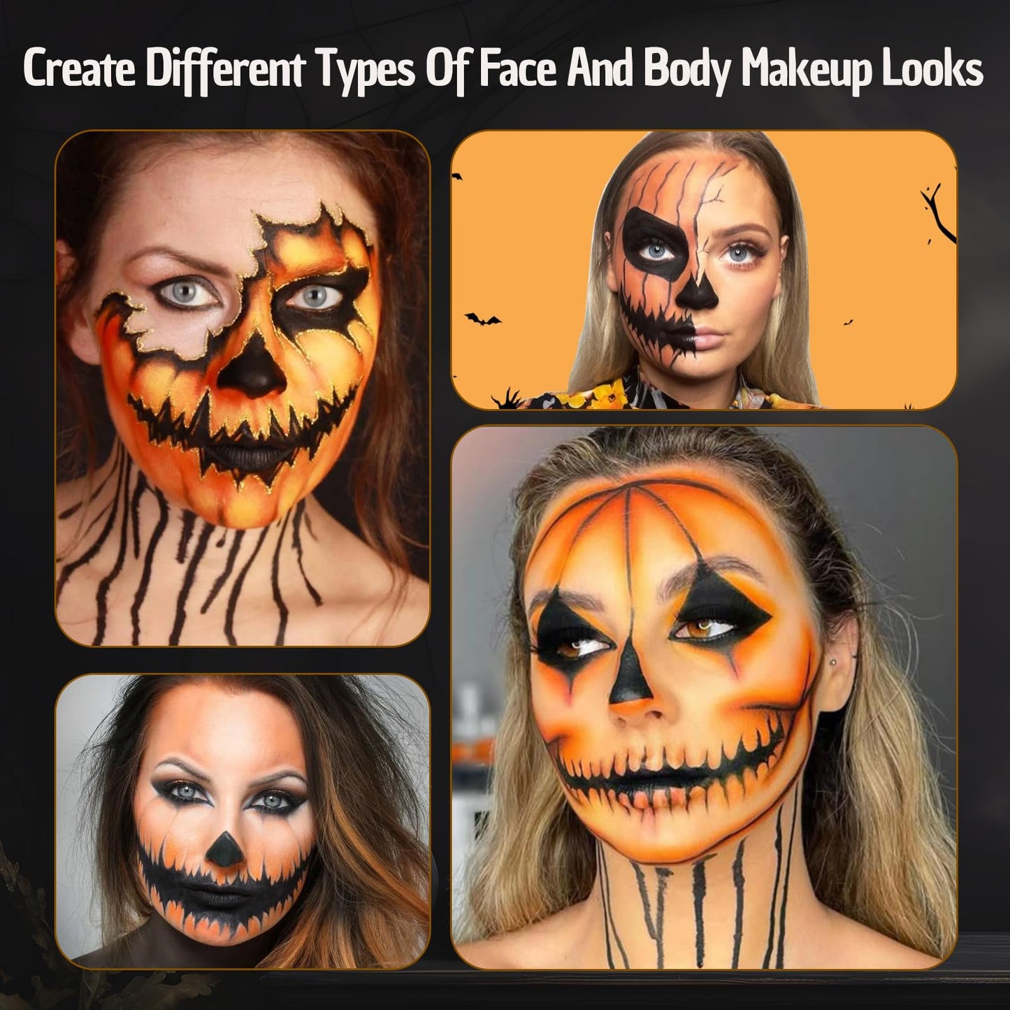 VPCRT6 Black Red Orange Face Body Paint, with 3PCS Sponge and 1PC Brush, Face Painting Kit with Applicator for Halloween Makeup, Pumpkin Cosplay