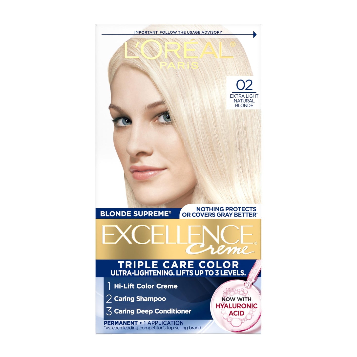 L'Oreal Paris Excellence Crème Permanent Hair Dye, Triple Care Hair Color with Pro-Keratine Complex for 100% Gray Hair Coverage, 02 Extra Light