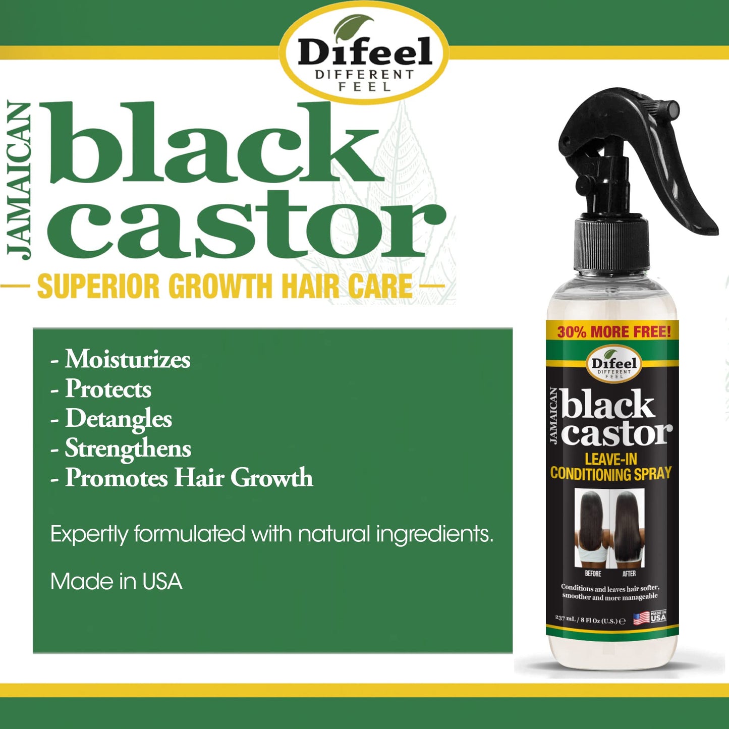 Difeel Jamaican Black Castor Leave-in Conditioning Spray 8 oz. - Hair Oil Spray for Hair Growth, Moisturizing, Hair Thickening, Detangling Treatment