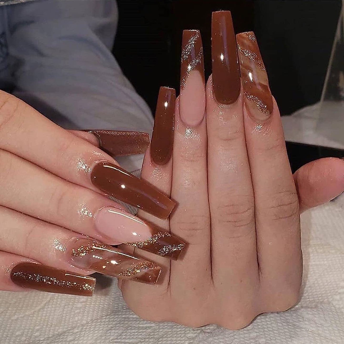 BABALAL Press on False Nails Full Cover Glue Stick on Fake Nails - Long Coffin, Brown Fall Acrylic, 24Pcs, Bling Glossy Manicure for Women and Girls