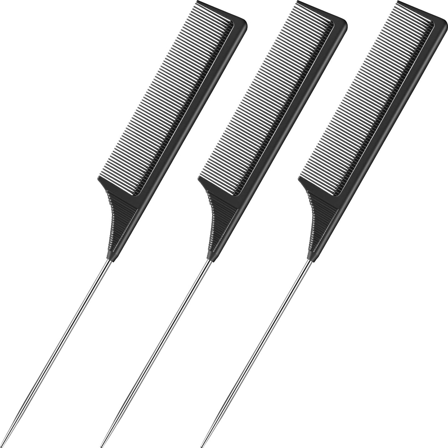 Leinuosen 3 Packs Rat Tail Comb Steel Pin Rat Tail Carbon Fiber Heat Resistant Teasing Combs with Stainless Steel Pintail (Black) Beauty and Personal Care Leinuosen Default Title