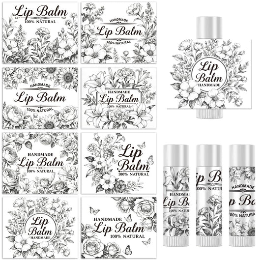Peacoblue 160Pcs Lip Balm Labels Sticker for Tubes 2.1"x1.7" Black and White Flowers, 8 Styles Waterproof Chapstick Labels Glossy for Homemade Lip Beauty and Personal Care peacoblue