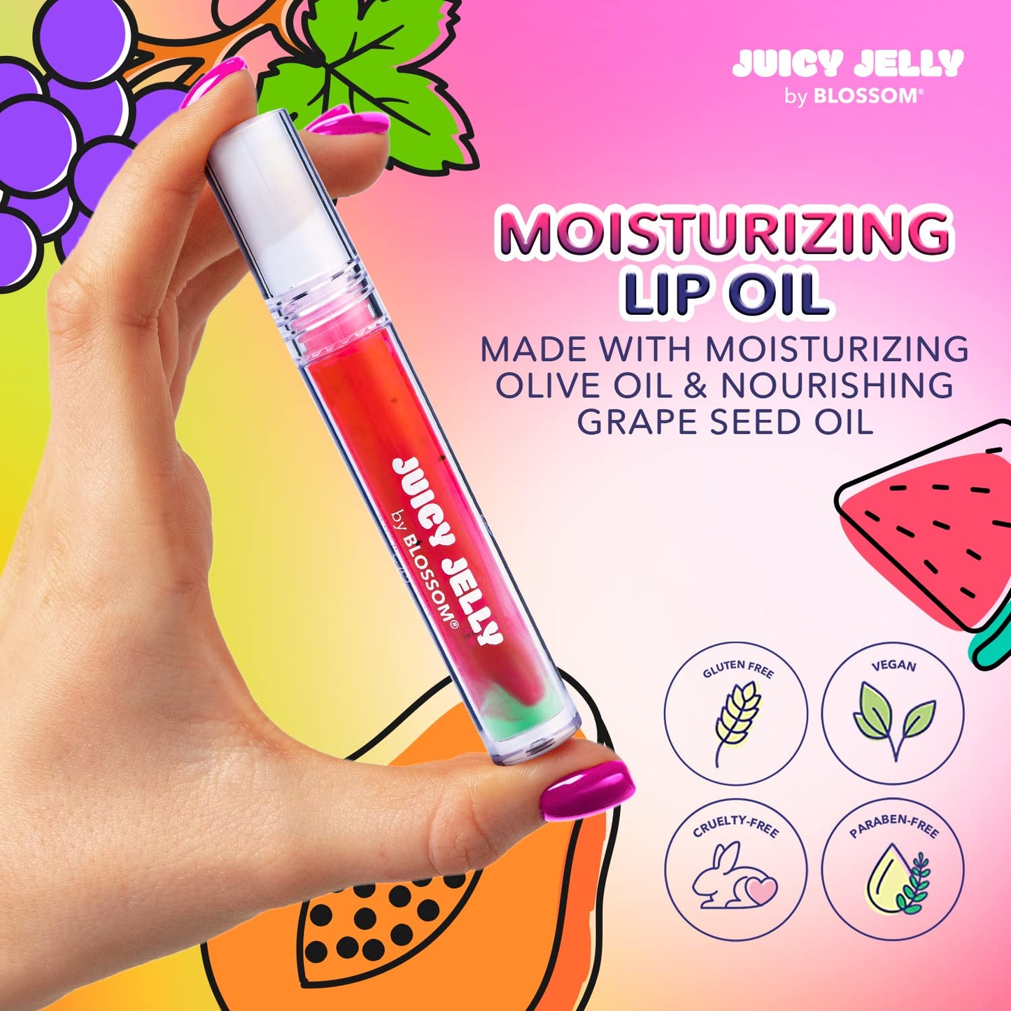 Blossom Lip Gloss Juicy Jelly Moisturizing Fruit Flavored Nourishing High Shine Lip Oil with Doe Foot Wand Applicator, 0.09oz, Watermelon