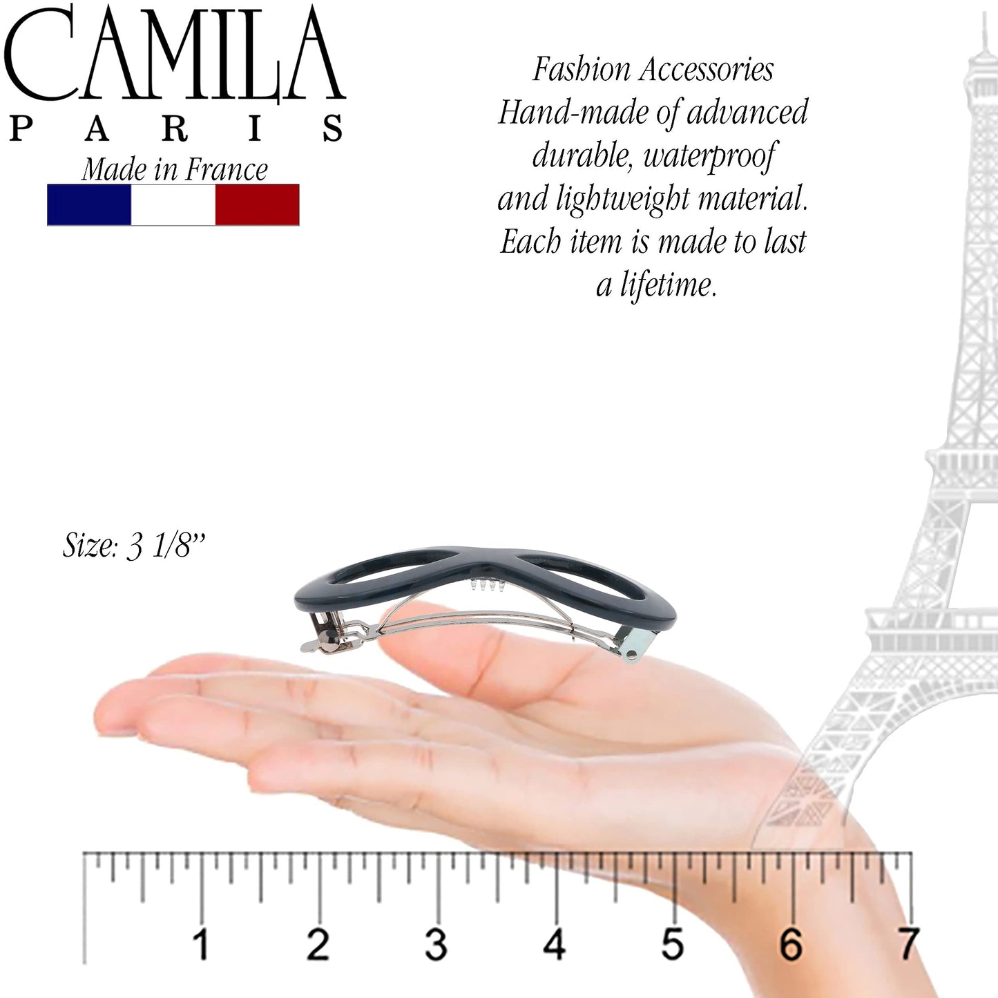 Camila Paris CP3275 French Hair Barrette Clip for Girls, Handmade, Blue, Strong Hold Grip Hair Clips for Women, No Slip and Durable Styling Girls Hair