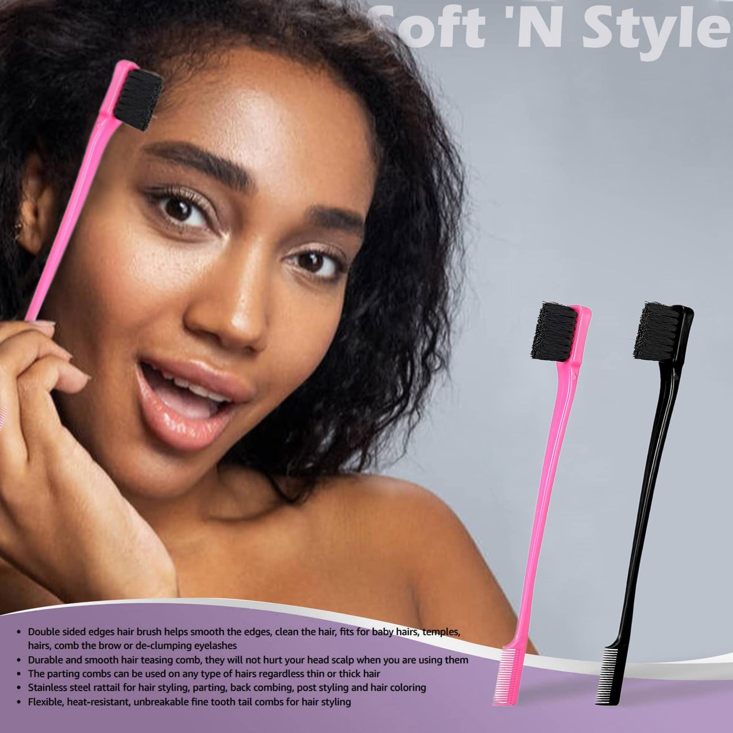 Foxi Fresh Double Sided Edge Control Hair Brush Comb Combo Pack 2 Pieces Pink and Black