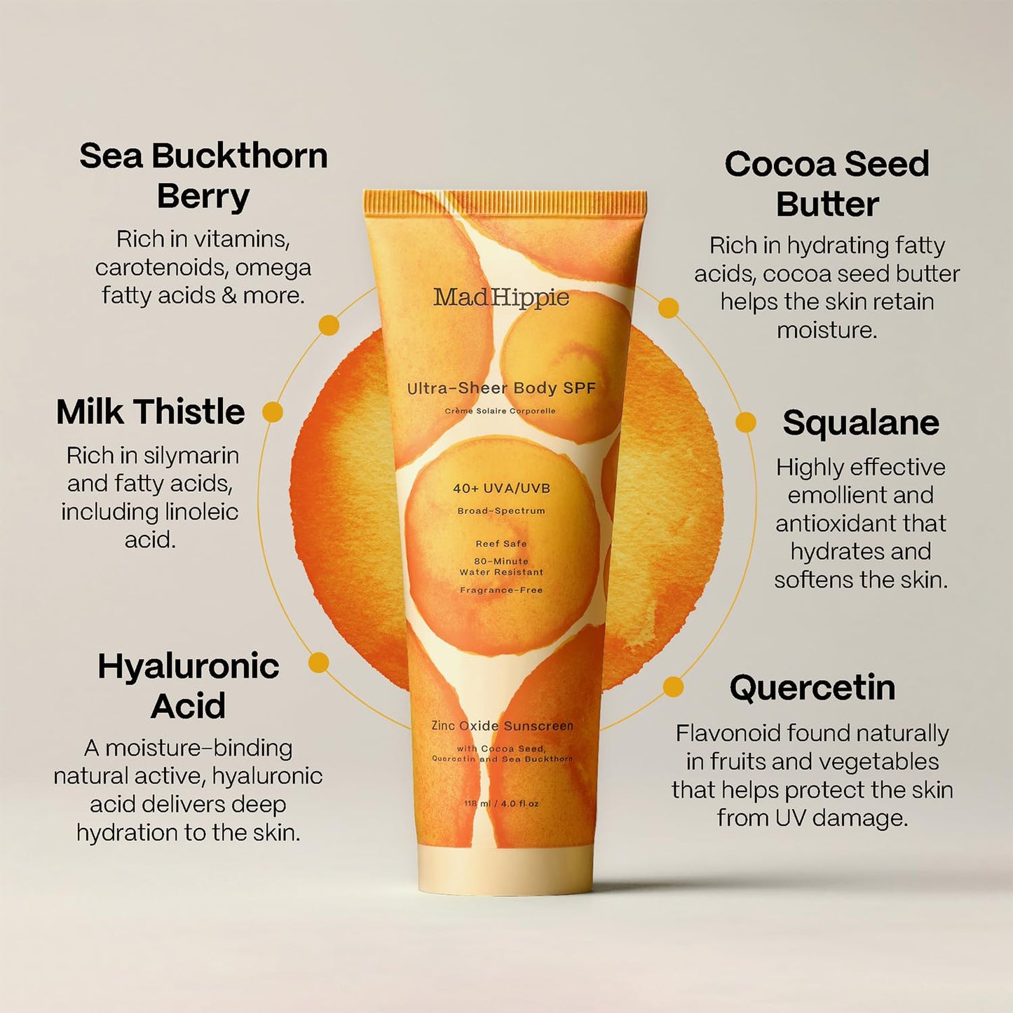 Mad Hippie Body Sunscreen SPF 40, Ultra Sheer Mineral Lotion with Zinc Oxide, Antioxidant Sun Protection, Fragrance-Free, Reef Safe, 4 Oz