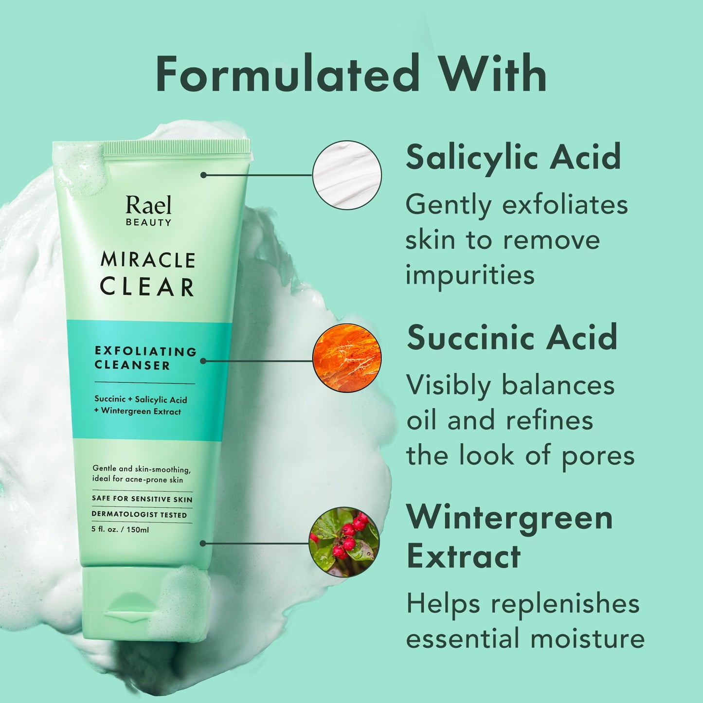 Rael Miracle Clear Facial Cleanser - Makeup Remover, Face Wash for Women, Korean Skin Care (Exfoliating Cleanser, 5.1 fl. oz)